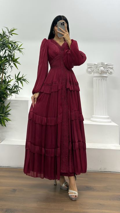 Bordo Kat Kat Şifon Abiye Elbise