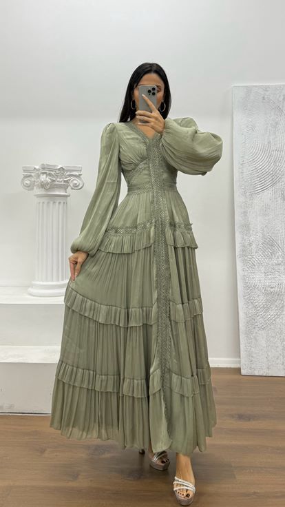 Mint Kat Kat Şifon Abiye Elbise