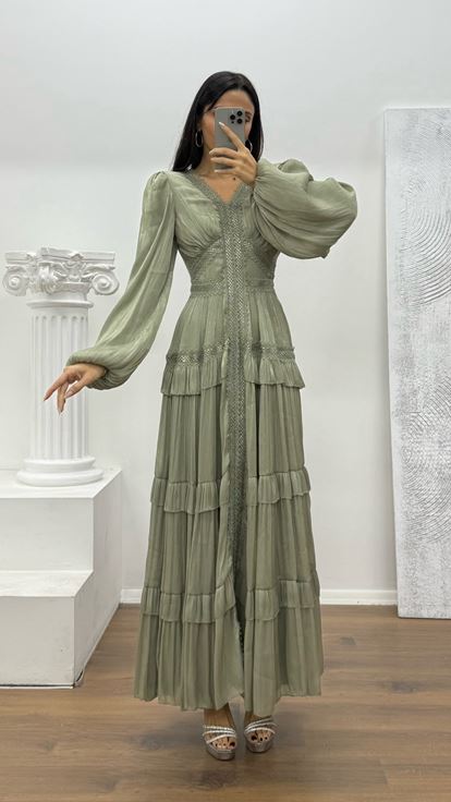 Mint Kat Kat Şifon Abiye Elbise