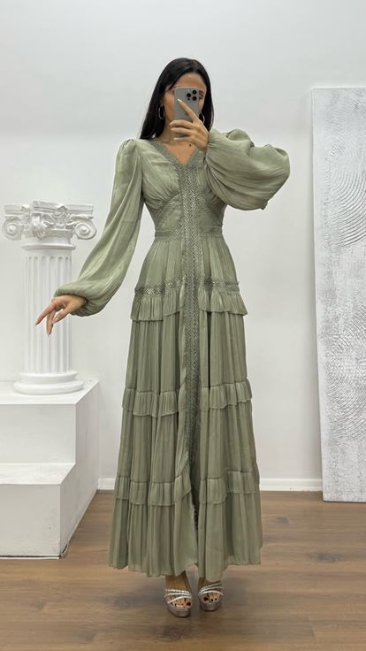 Mint Kat Kat Şifon Abiye Elbise