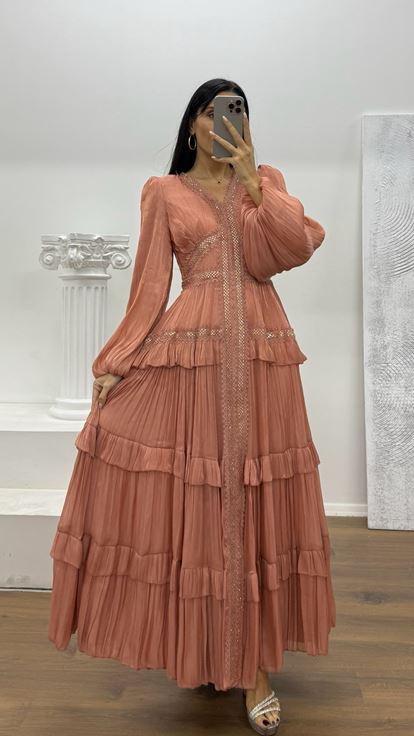 Red Layered Chiffon Evening Dress