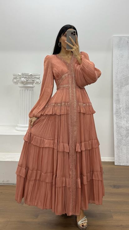 Red Layered Chiffon Evening Dress