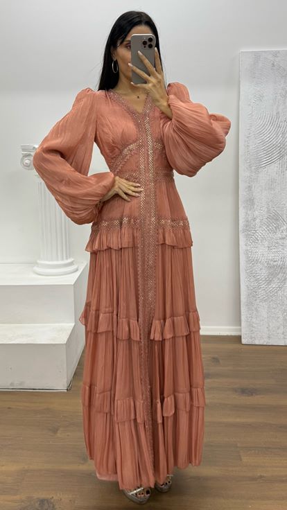 Red Layered Chiffon Evening Dress