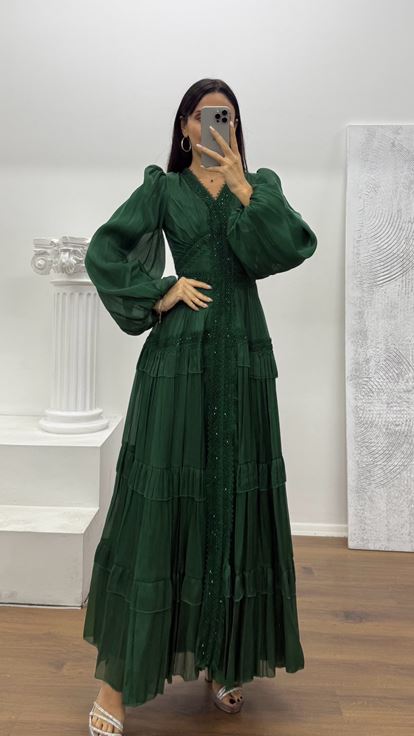 Yeşil Kat Kat Şifon Abiye Elbise