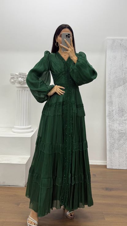 Yeşil Kat Kat Şifon Abiye Elbise