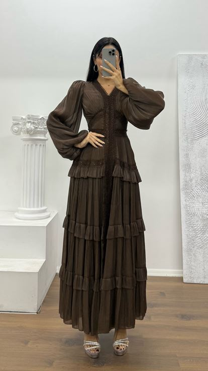 Kahverengi Kat Kat Şifon Abiye Elbise