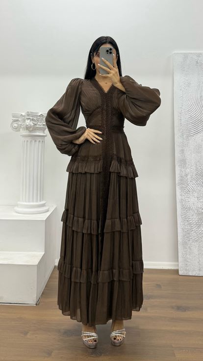 Kahverengi Kat Kat Şifon Abiye Elbise