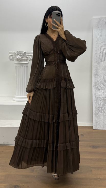 Kahverengi Kat Kat Şifon Abiye Elbise