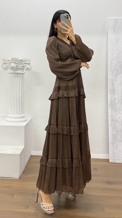 Kahverengi Kat Kat Şifon Abiye Elbise