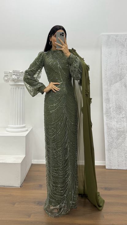 Haki Kol Şifon Detay İşlemeli Abiye Elbise