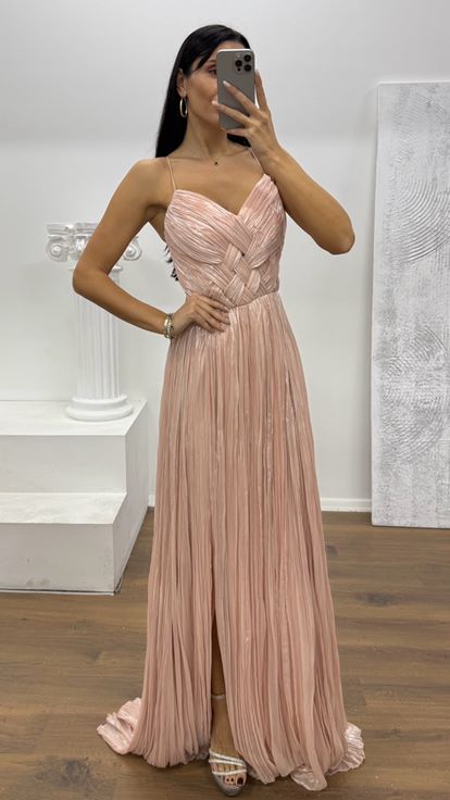 Pudra İp Askılı Piliseli Abiye Elbise