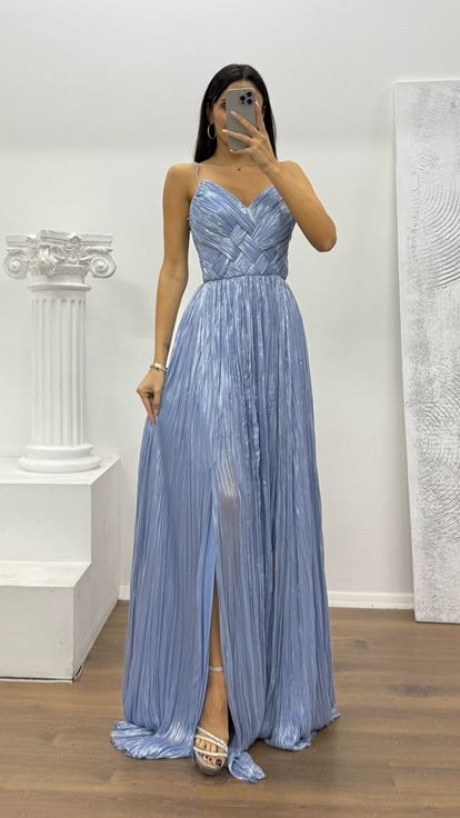 Mavi İp Askılı Piliseli Abiye Elbise