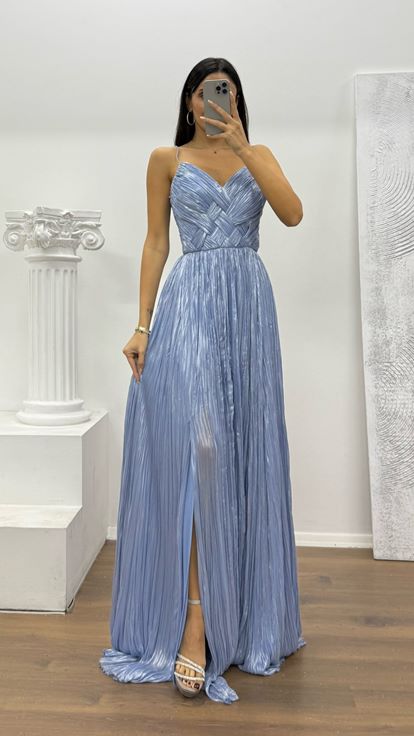 Mavi İp Askılı Piliseli Abiye Elbise