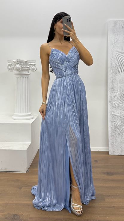 Mavi İp Askılı Piliseli Abiye Elbise