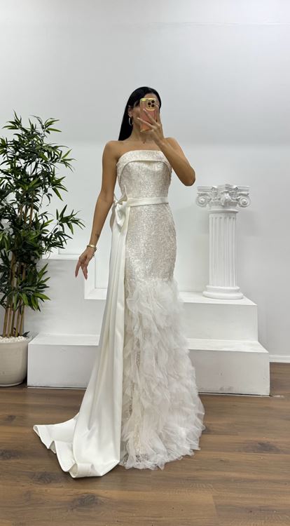 Ekru Payetli Volanlı Abiye Elbise