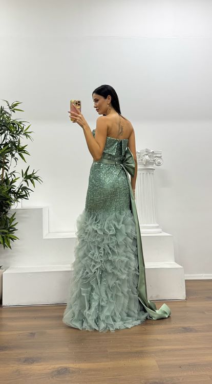 Mint Payetli Volanlı Abiye Elbise