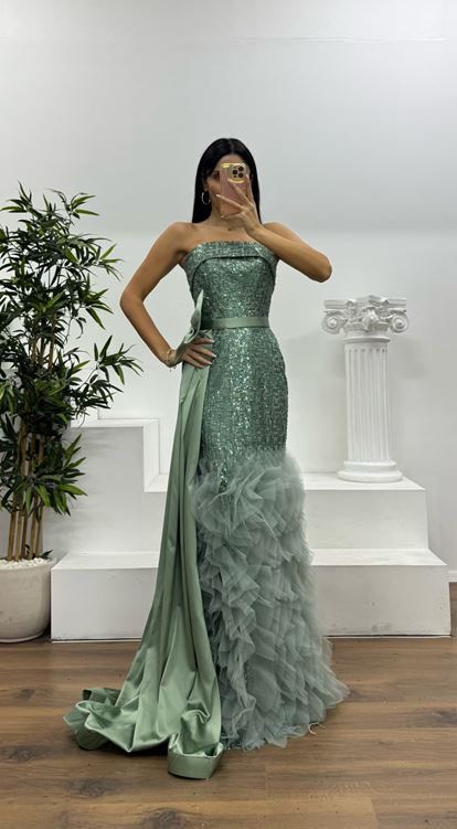 Mint Payetli Volanlı Abiye Elbise