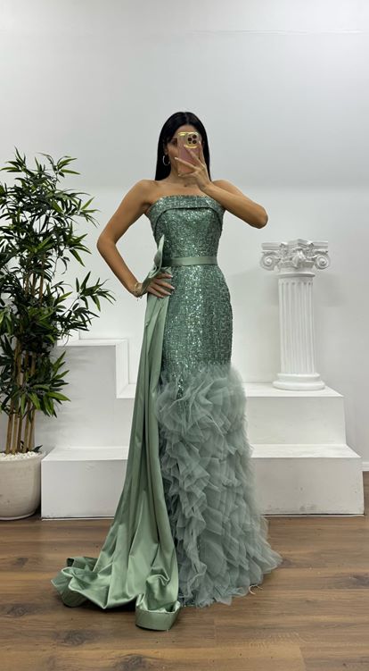 Mint Payetli Volanlı Abiye Elbise