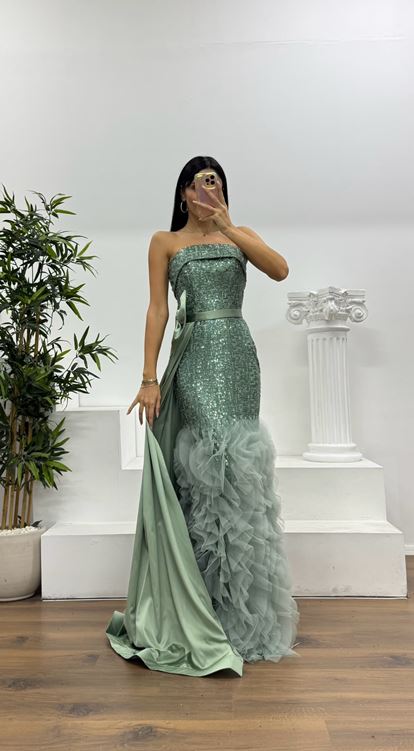 Mint Payetli Volanlı Abiye Elbise