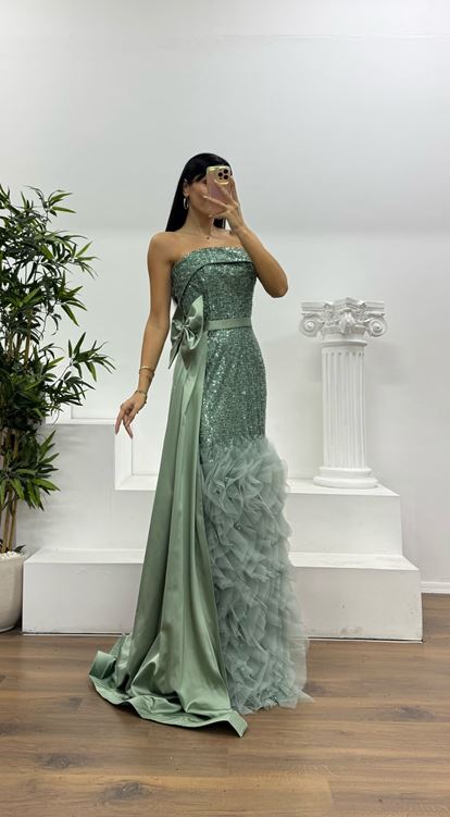 Mint Payetli Volanlı Abiye Elbise