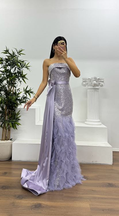 Lila Payetli Volanlı Abiye Elbise