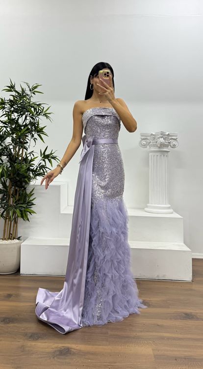 Lila Payetli Volanlı Abiye Elbise