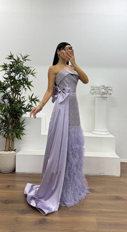 Lila Payetli Volanlı Abiye Elbise