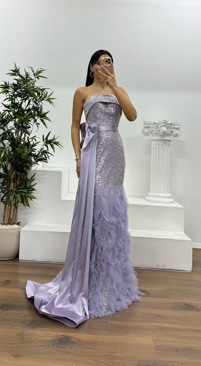 Lila Payetli Volanlı Abiye Elbise