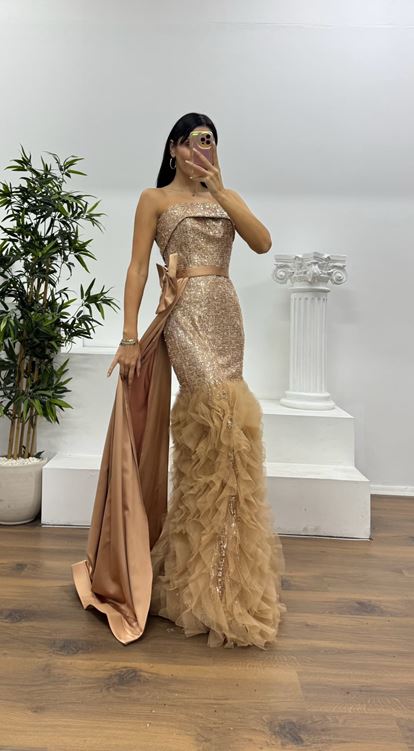 Gold Payetli Volanlı Abiye Elbise