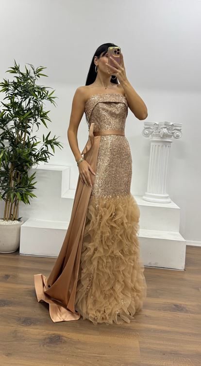 Gold Payetli Volanlı Abiye Elbise