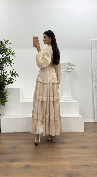 Bej Kat Kat Şifon Abiye Elbise