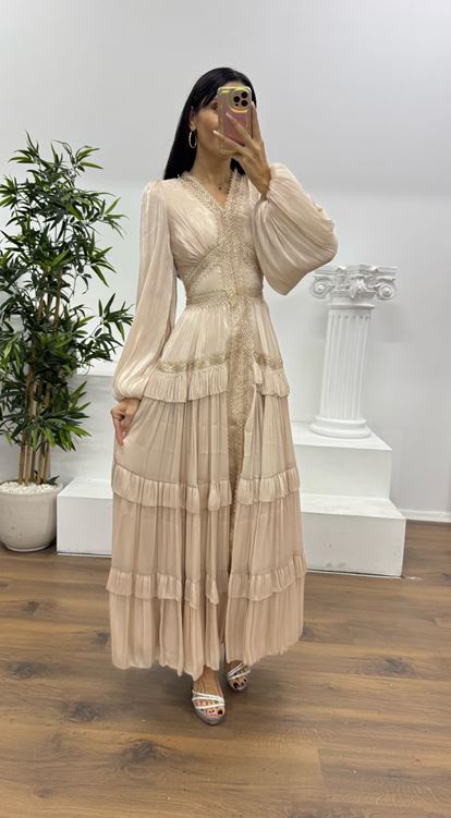 Bej Kat Kat Şifon Abiye Elbise