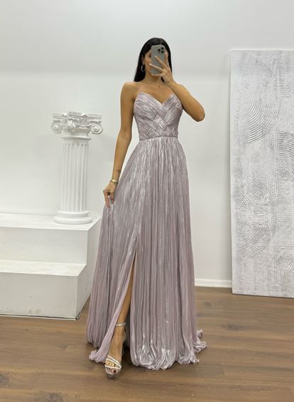 Lila İp Askılı Piliseli Abiye Elbise