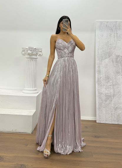 Lila İp Askılı Piliseli Abiye Elbise