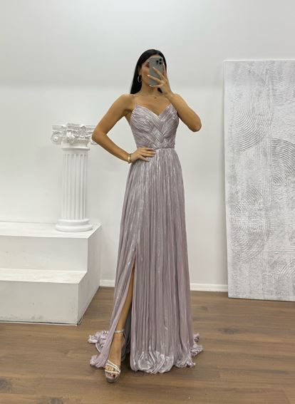 Lila İp Askılı Piliseli Abiye Elbise