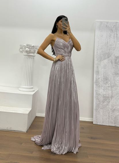 Lila İp Askılı Piliseli Abiye Elbise