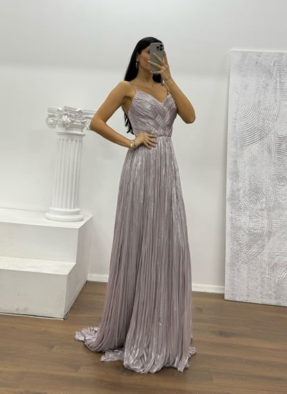 Lila İp Askılı Piliseli Abiye Elbise