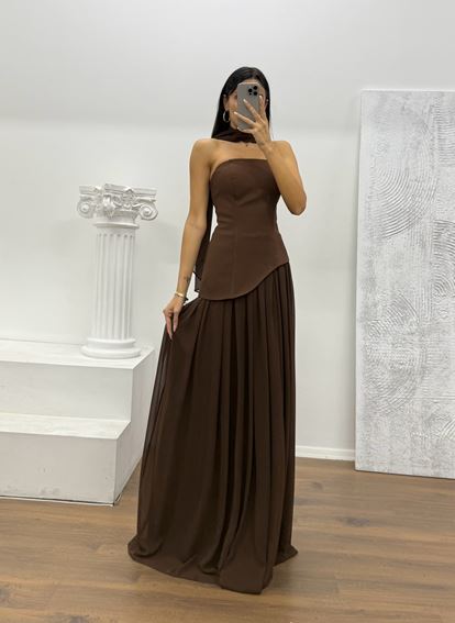 Kahverengi Straplez Şifon Detay Abiye Elbise