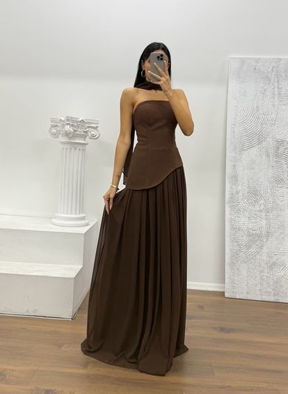 Kahverengi Straplez Şifon Detay Abiye Elbise