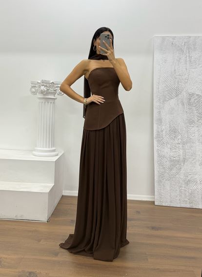 Kahverengi Straplez Şifon Detay Abiye Elbise