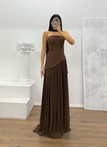 Kahverengi Straplez Şifon Detay Abiye Elbise
