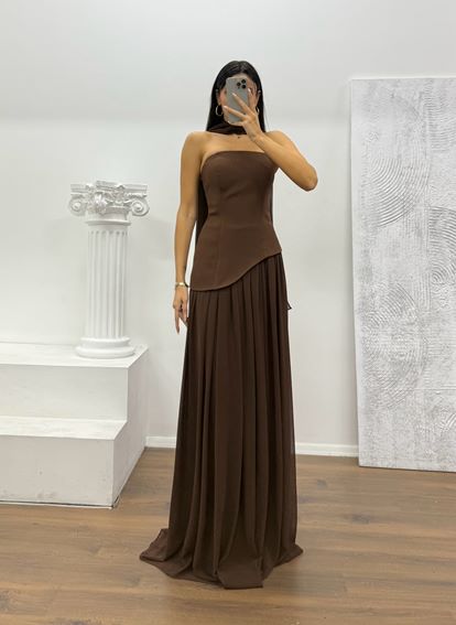 Kahverengi Straplez Şifon Detay Abiye Elbise