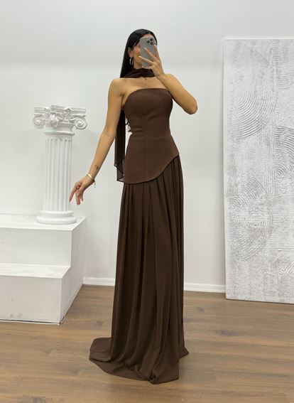 Kahverengi Straplez Şifon Detay Abiye Elbise