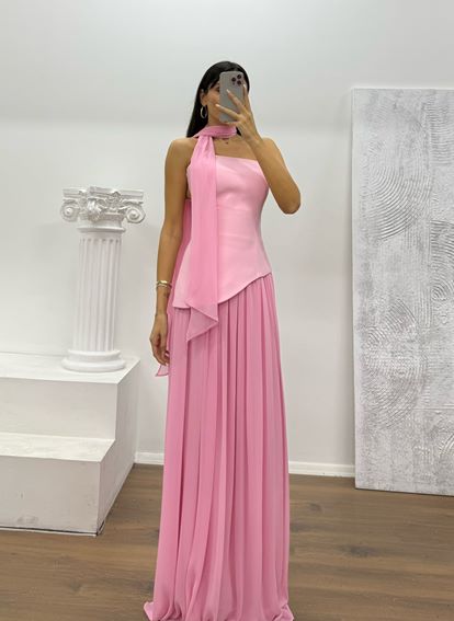 Pembe Straplez Şifon Detay Abiye Elbise
