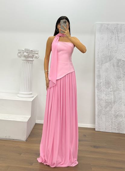 Pembe Straplez Şifon Detay Abiye Elbise
