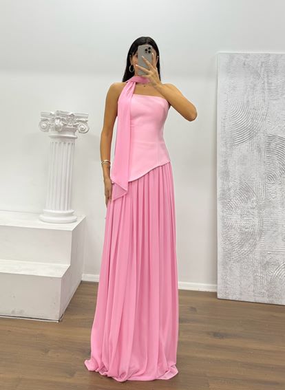 Pembe Straplez Şifon Detay Abiye Elbise