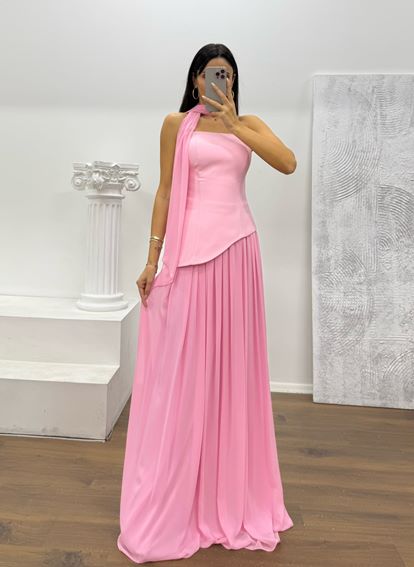 Pembe Straplez Şifon Detay Abiye Elbise