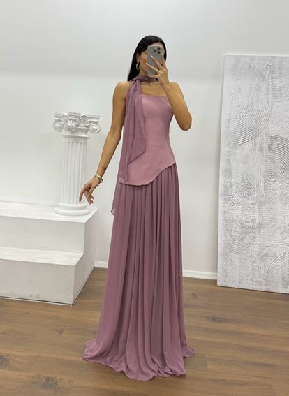 Lila Straplez Şifon Detay Abiye Elbise