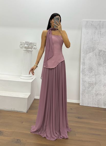 Lila Straplez Şifon Detay Abiye Elbise