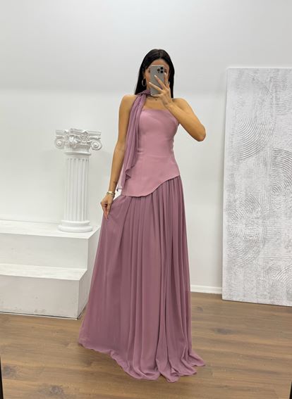 Lila Straplez Şifon Detay Abiye Elbise